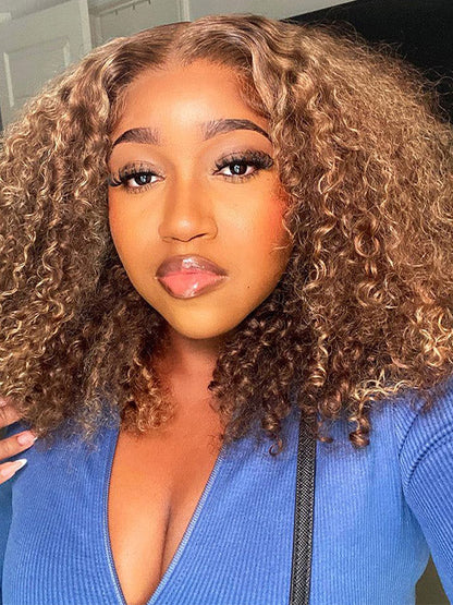 Honey Blonde Highlights Kinky Curly Short Bob Wig Glueless Lace Closure Bob Wigs