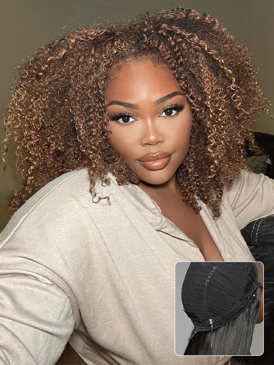 4C Kinky Edge Honey Blonde Highlights Kinky Curly 7x5 Glueless Lace Frontal Wig Kisslove Hair