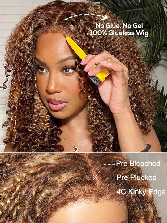 4C Kinky Edge Honey Blonde Highlights Kinky Curly 7x5 Glueless Lace Frontal Wig Kisslove Hair