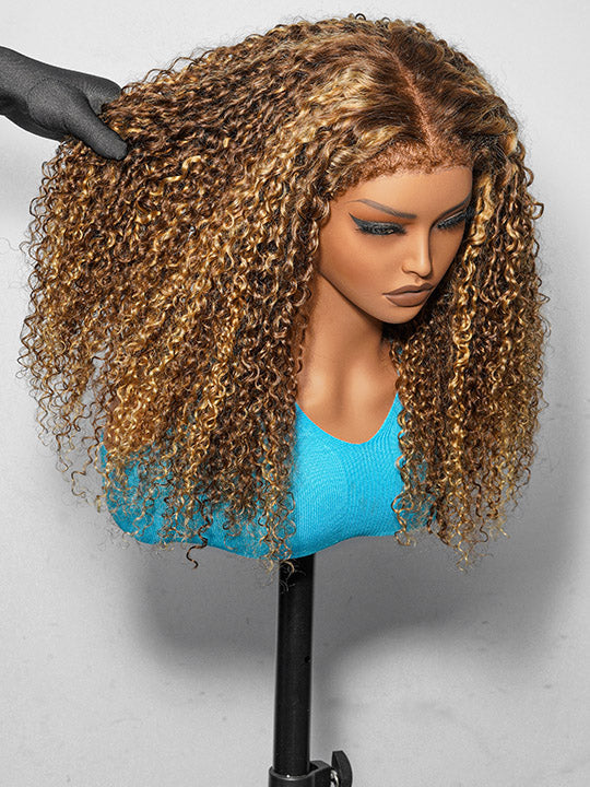4C Kinky Edge Honey Blonde Highlights Kinky Curly 7x5 Glueless Lace Frontal Wig Kisslove Hair