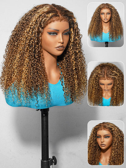 4C Kinky Edge Honey Blonde Highlights Kinky Curly 7x5 Glueless Lace Frontal Wig Kisslove Hair