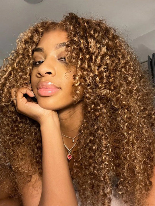 4C Kinky Edge Honey Blonde Highlights Kinky Curly 7x5 Glueless Lace Frontal Wig Kisslove Hair