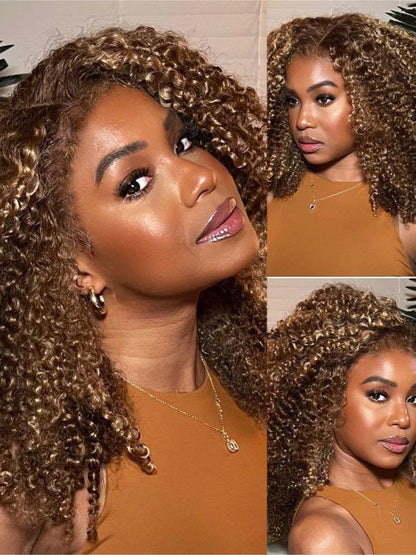 4C Kinky Edge Honey Blonde Highlights Kinky Curly 7x5 Glueless Lace Frontal Wig Kisslove Hair