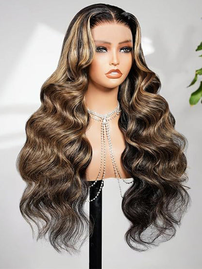 Kisslove Hair Honey Blonde Highlight Body Wave Wig With Invisi Drawstring 7x5 Glueless Lace Wig