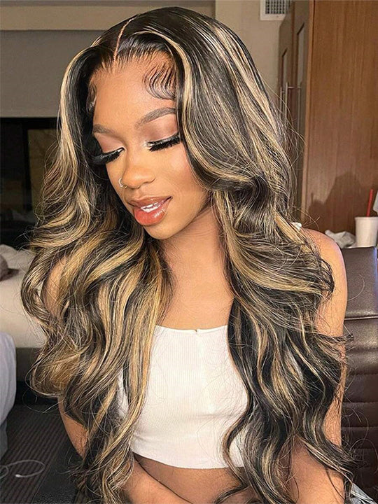 Kisslove Hair Honey Blonde Highlight Body Wave Wig With Invisi Drawstring 7x5 Glueless Lace Wig