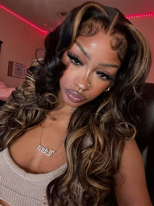 Kisslove Hair Honey Blonde Highlight Body Wave Wig With Invisi Drawstring 7x5 Glueless Lace Wig
