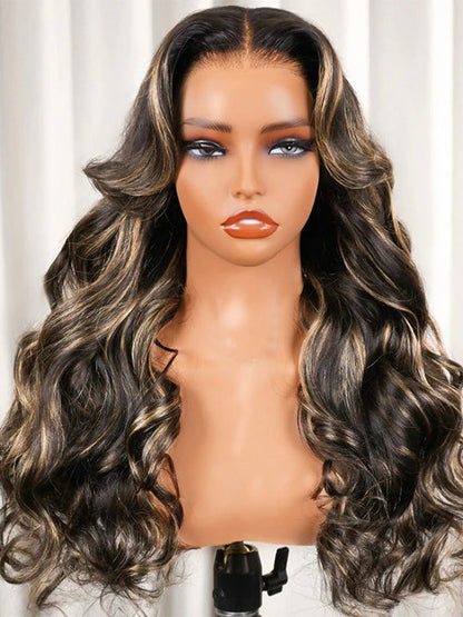 Kisslove Hair Honey Blonde Highlight Body Wave Wig With Invisi Drawstring 7x5 Glueless Lace Wig