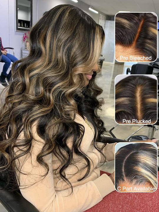 Kisslove Hair Honey Blonde Highlight Body Wave Wig With Invisi Drawstring 7x5 Glueless Lace Wig