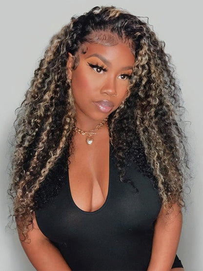 Kisslove Hair Honey Blonde Highlights On Black Hair 7x5 Glueless Kinky Curly Lace Frontal Wig