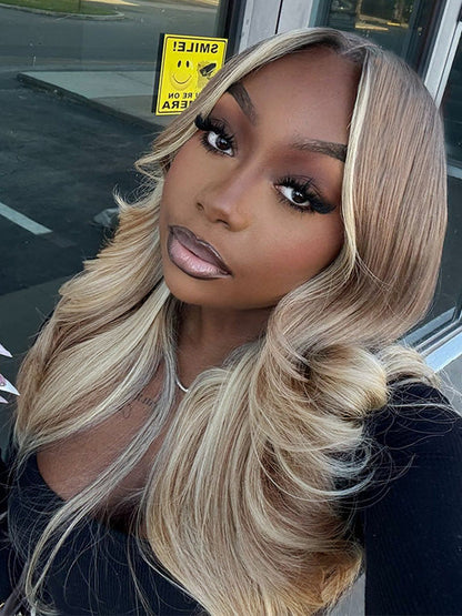 Glueless Ombre Warm Brown To Blonde Balayage Bouncy Body Wave Wig 6x4.5 Lace Wig