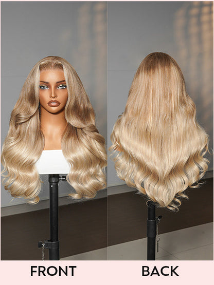 Glueless Ombre Warm Brown To Blonde Balayage Bouncy Body Wave Wig 6x4.5 Lace Wig