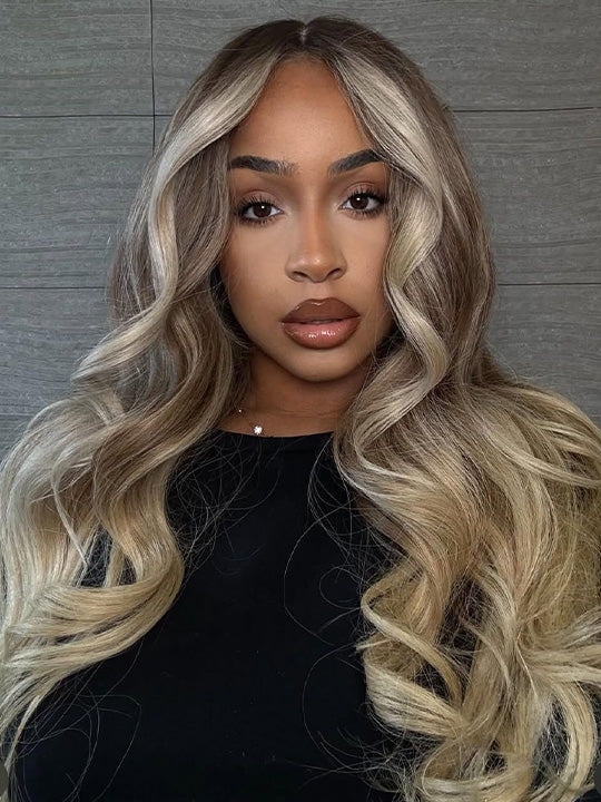 Glueless Ombre Warm Brown To Blonde Balayage Bouncy Body Wave Wig 6x4.5 Lace Wig