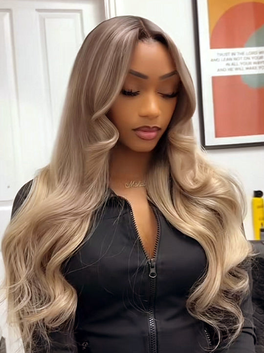 Glueless Ombre Warm Brown To Blonde Balayage Bouncy Body Wave Wig 6x4.5 Lace Wig