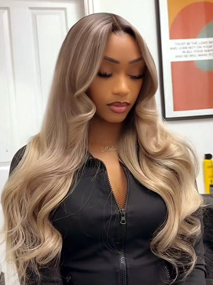 Glueless Ombre Warm Brown To Blonde Balayage Bouncy Body Wave Wig 6x4.5 Lace Wig