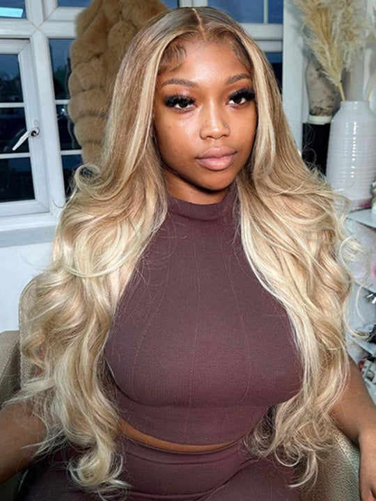Glueless Ombre Warm Brown To Blonde Balayage Bouncy Body Wave Wig 6x4.5 Lace Wig