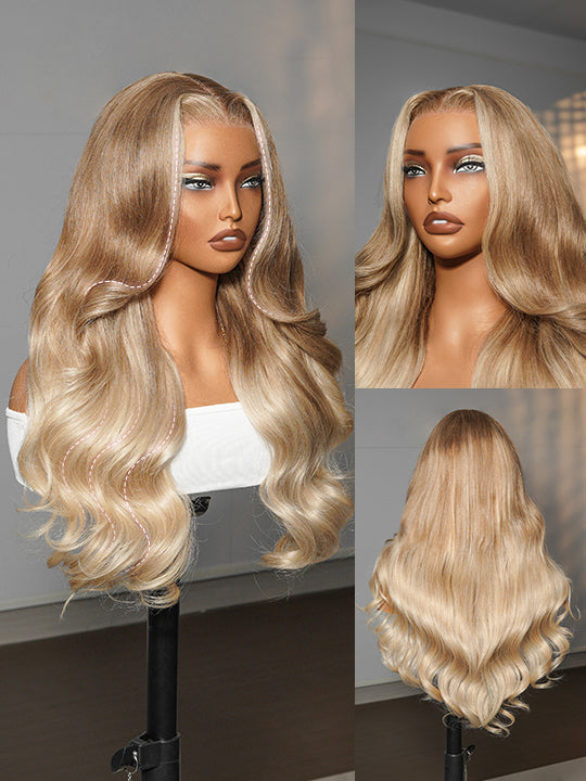 Glueless Ombre Warm Brown To Blonde Balayage Bouncy Body Wave Wig 6x4.5 Lace Wig