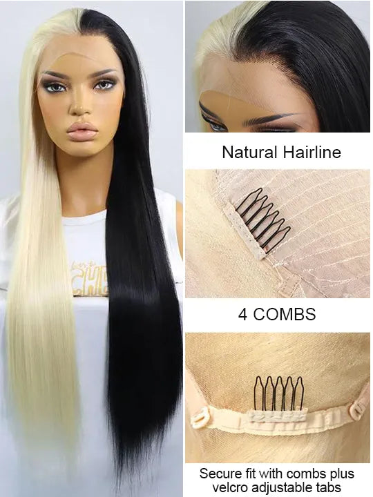 Cruella Half 613 Blonde Half Black Hair Wig Straight 4x4/13x4/13x6 Lace Frontal Human Hair Wigs