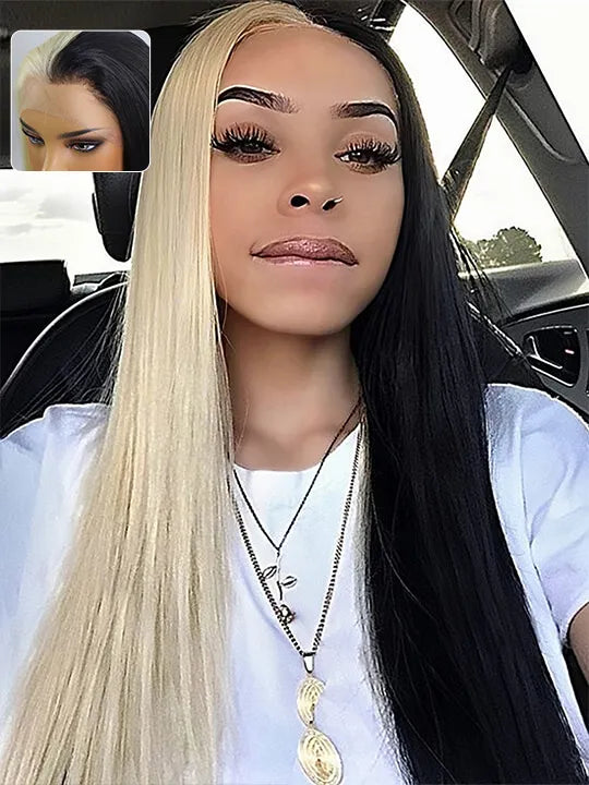Cruella Half 613 Blonde Half Black Hair Wig Straight 4x4/13x4/13x6 Lace Frontal Human Hair Wigs