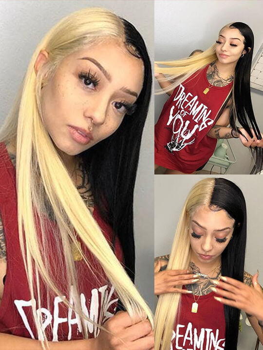 Cruella Half 613 Blonde Half Black Hair Wig Straight 4x4/13x4/13x6 Lace Frontal Human Hair Wigs