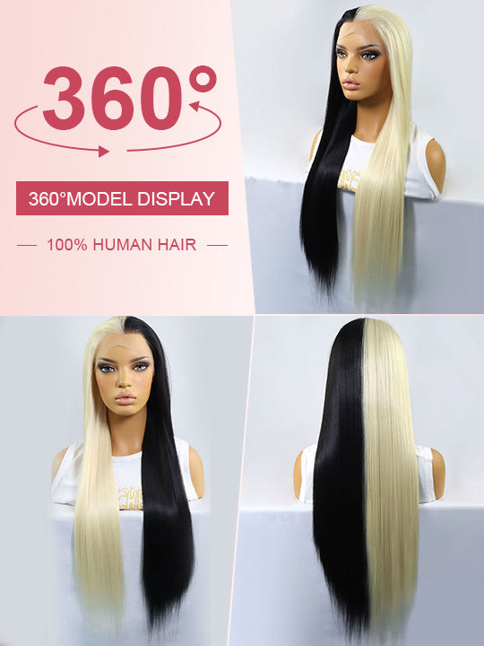 Cruella Half 613 Blonde Half Black Hair Wig Straight 4x4/13x4/13x6 Lace Frontal Human Hair Wigs