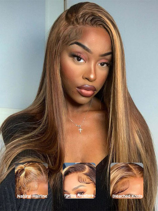 Kisslove Brown Highlights Straight Human Hair Wigs Pre-bleached Invisi Strap Snug Fit 360 Lace Frontal Wig