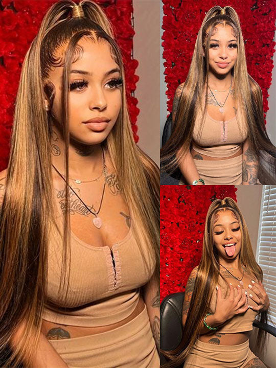 Kisslove Brown Highlights Straight Human Hair Wigs Pre-bleached Invisi Strap Snug Fit 360 Lace Frontal Wig