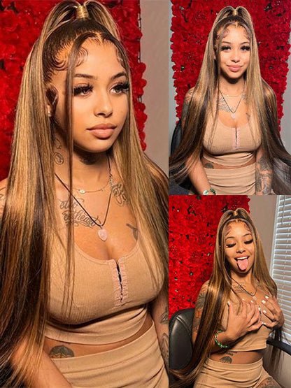 Kisslove Brown Highlights Straight Human Hair Wigs Pre-bleached Invisi Strap Snug Fit 360 Lace Frontal Wig