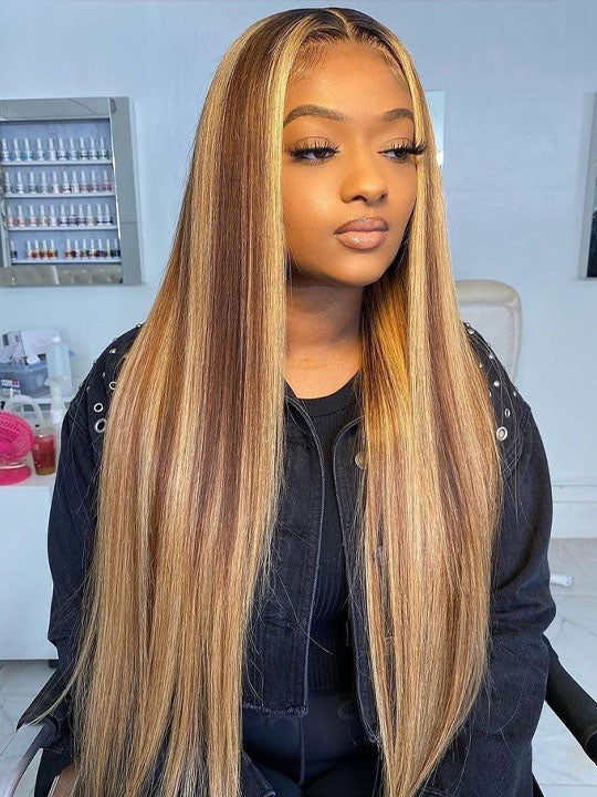 Kisslove Brown Highlights Straight Human Hair Wigs Pre-bleached Invisi Strap Snug Fit 360 Lace Frontal Wig