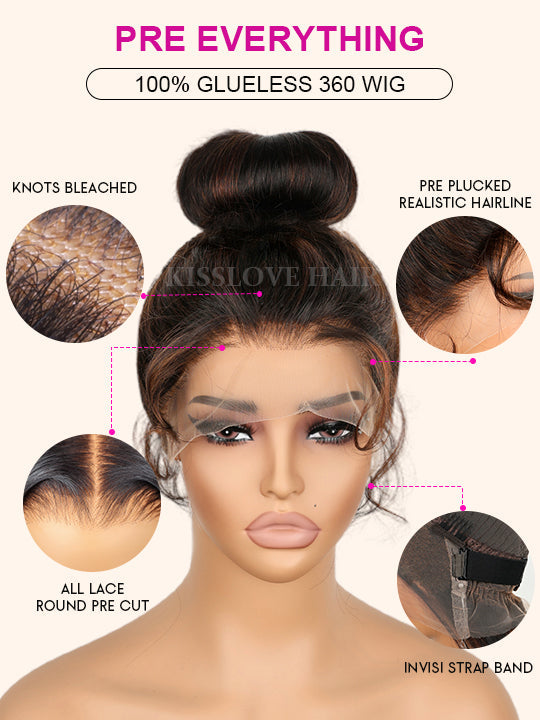 Kisslove Invisi-Drawstring Snug Fit 360 Lace Wig Glueless Black Hair With Brown Highlights