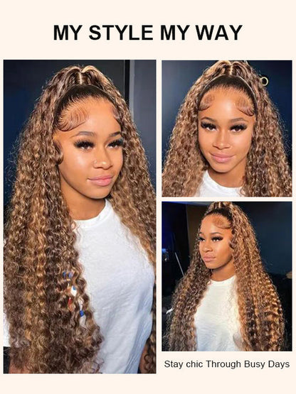 Kisslove Pre-bleached Knots Water Wave Highlight 360 Lace Wig With Invisi-Drawstring Cap