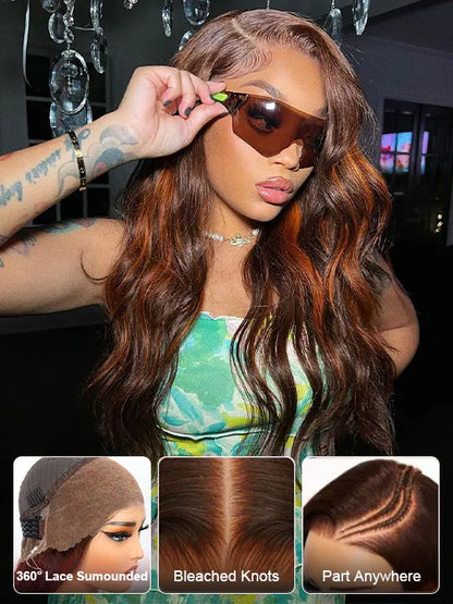 Kisslove Balayage Chestnut Brown with Ginger Highlight Body Wave Wigs Invisi Strap 360 Lace Frontal Wig