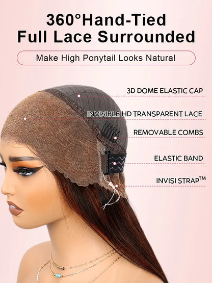 Kisslove Balayage Chestnut Brown with Ginger Highlight Body Wave Wigs Invisi Strap 360 Lace Frontal Wig