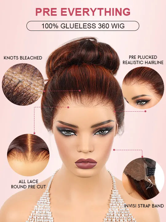 Kisslove Balayage Chestnut Brown with Ginger Highlight Body Wave Wigs Invisi Strap 360 Lace Frontal Wig