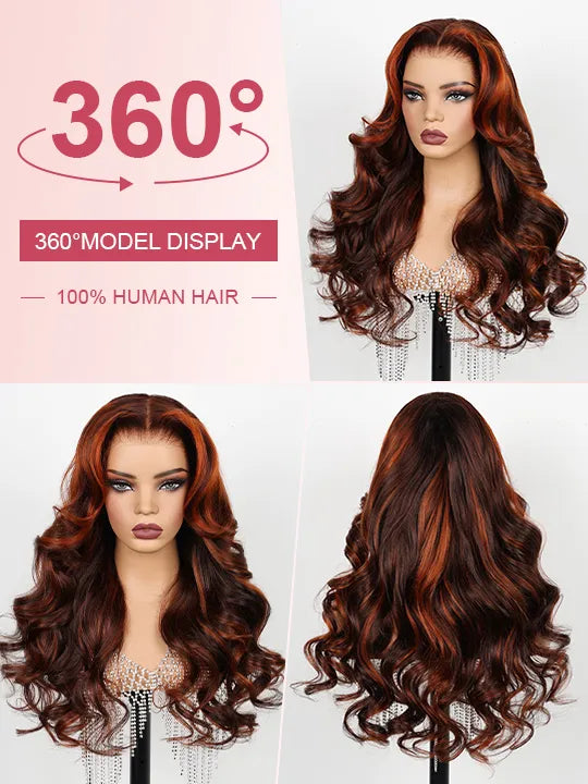 Kisslove Balayage Chestnut Brown with Ginger Highlight Body Wave Wigs Invisi Strap 360 Lace Frontal Wig
