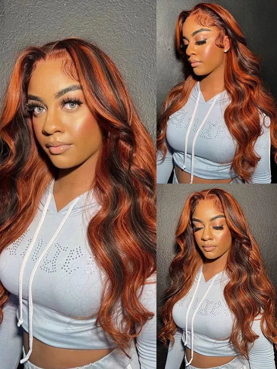 Kisslove Balayage Chestnut Brown with Ginger Highlight Body Wave Wigs Invisi Strap 360 Lace Frontal Wig