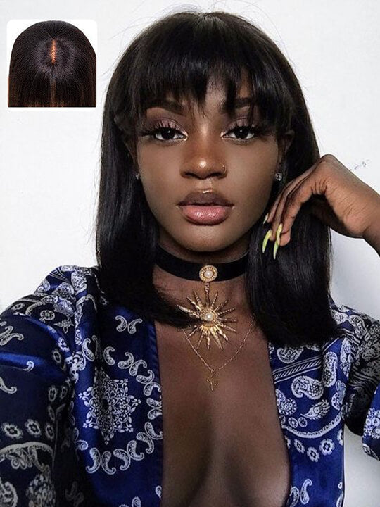 Kisslove Glueless Double Drawn 3x1 Middle Part Bob Wig Bone Straight /Yaki Straight Wig with Bangs Pull & Go Wig