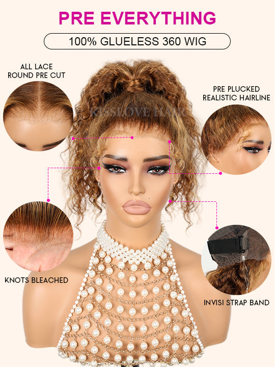 Kisslove Brown Highlights Straight Human Hair Wigs Pre-bleached Invisi Strap Snug Fit 360 Lace Frontal Wig