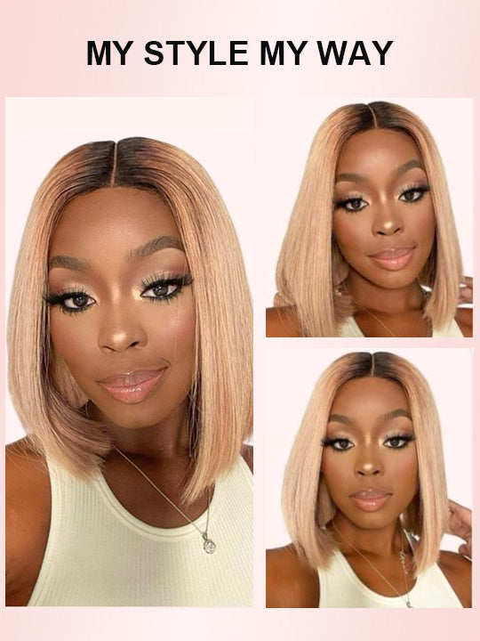 [Wear & Go] Ash Blonde with Dark Root Straight Bob Wig 13x4 Transparnt Lace Glueless Wig
