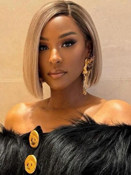 [Wear & Go] Ash Blonde with Dark Root Straight Bob Wig 13x4 Transparnt Lace Glueless Wig