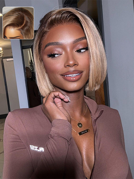 [Wear & Go] Ash Blonde with Dark Root Straight Bob Wig 13x4 Transparnt Lace Glueless Wig