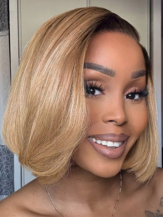 [Wear & Go] Ash Blonde with Dark Root Straight Bob Wig 13x4 Transparnt Lace Glueless Wig