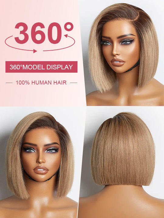 [Wear & Go] Ash Blonde with Dark Root Straight Bob Wig 13x4 Transparnt Lace Glueless Wig