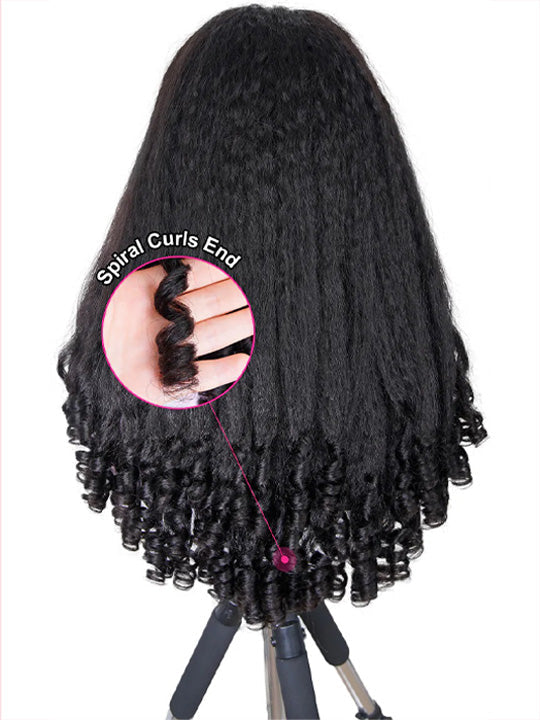 Kisslove Hair Kinky Straight with Spiral Curl Ends 13x6 Lace Frontal Wig Glueless 3C Kinky Edge Wigs