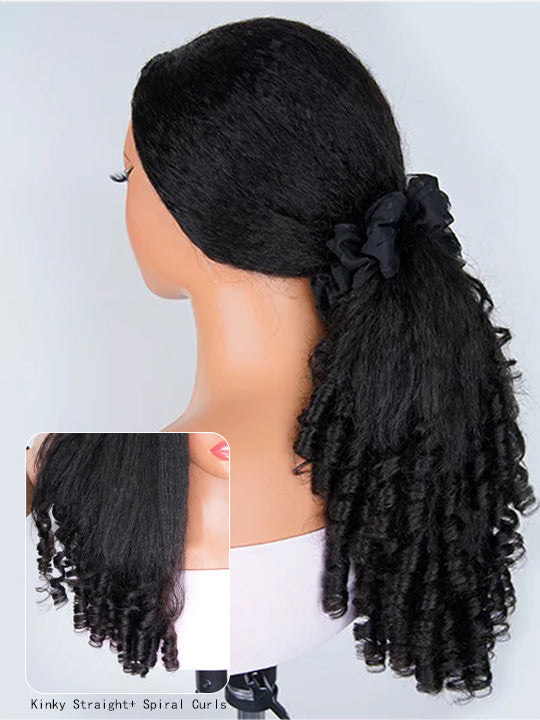 Kisslove Hair Kinky Straight with Spiral Curl Ends 13x6 Lace Frontal Wig Glueless 3C Kinky Edge Wigs