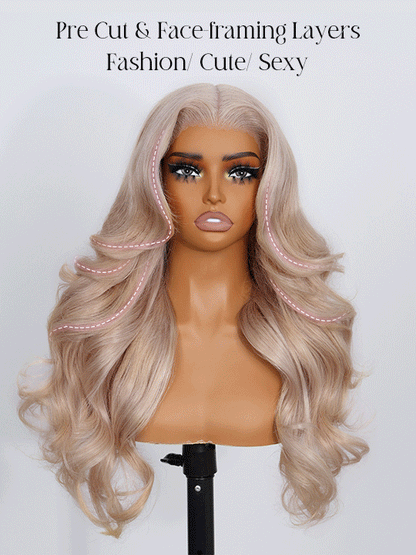 Ash Blonde Layered & Curtain Bangs 3D Body Wave 13x6 Lace Frontal Pull Go Human Hair Wigs