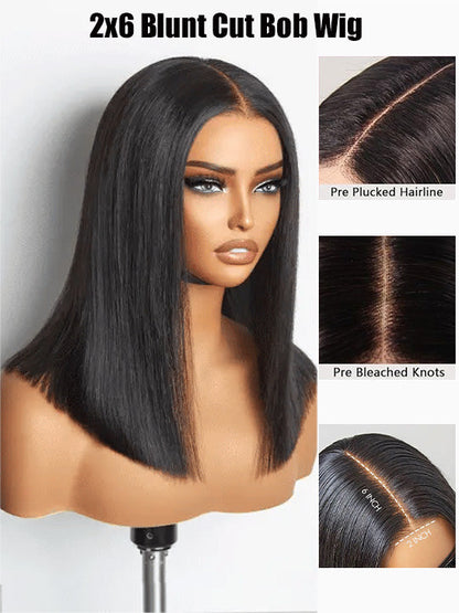 Kisslove Hair Double Drawn Blunt Cut 2x6 Lace Closure Short Bob Wig Glueless Straight Hair Bob Wigs