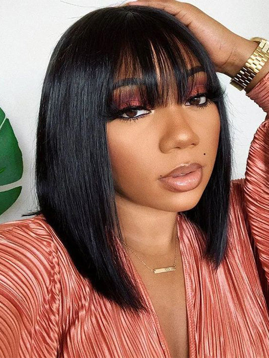 Kisslove Glueless Double Drawn 3x1 Middle Part Bob Wig Bone Straight /Yaki Straight Wig with Bangs Pull & Go Wig