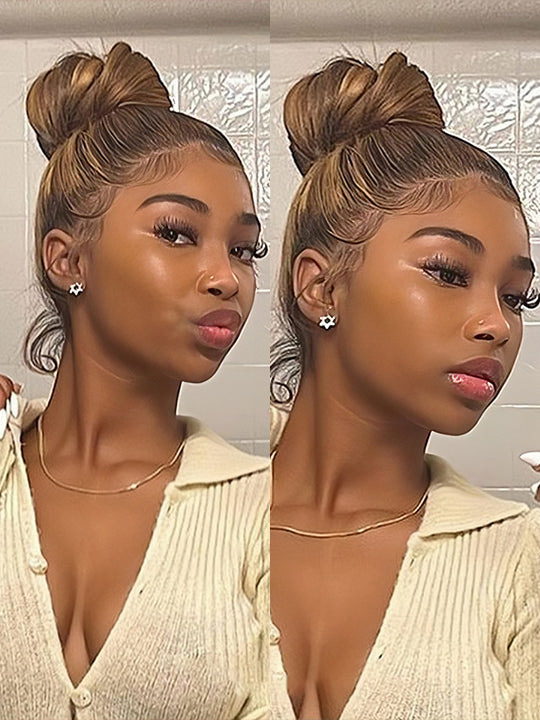 Kisslove Brown Highlights Straight Human Hair Wigs Pre-bleached Invisi Strap Snug Fit 360 Lace Frontal Wig