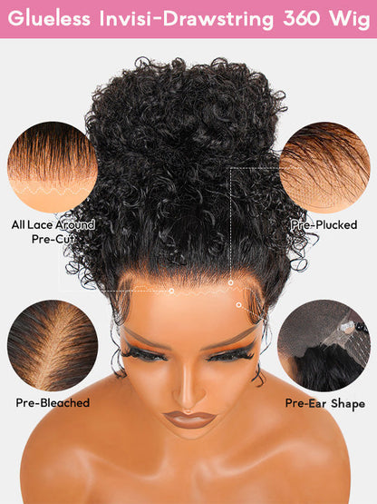 KissloveHair 4C Edge Kinky Curly Hair 360 Lace Wig Invisi Drawstring Glueless Lace Wigs