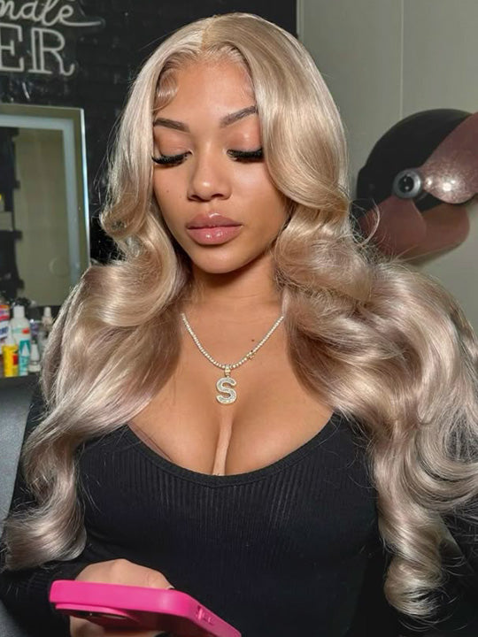 Ash Blonde Layered & Curtain Bangs 3D Body Wave 13x6 Lace Frontal Pull Go Human Hair Wigs